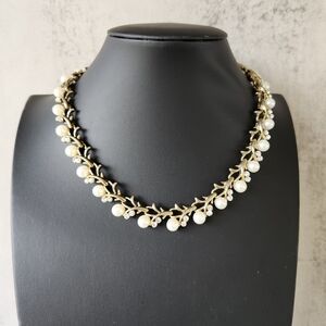 Gold Tone Faux Pearl Rhinestone Necklace Party Wedding Dainty Feminine 18"